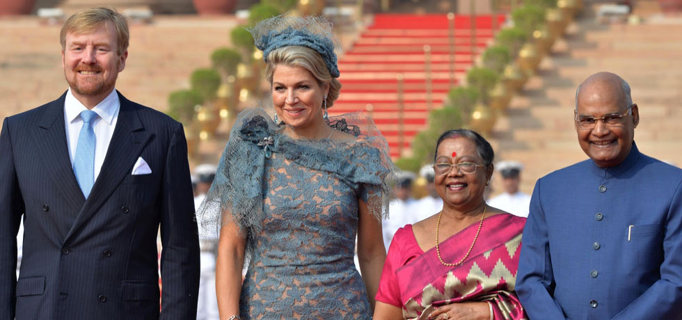HM Willem-Alexander & HM Queen Maxima welcomed in the Rashtrapati Bhavan by President Ram Nath Kovind & Mrs. Kovind during their 5-day State Visit to India, October 2019